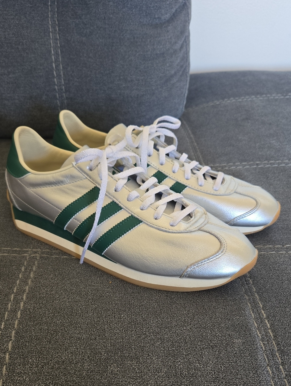 Adidas Gazelles Silver with Green Stripes